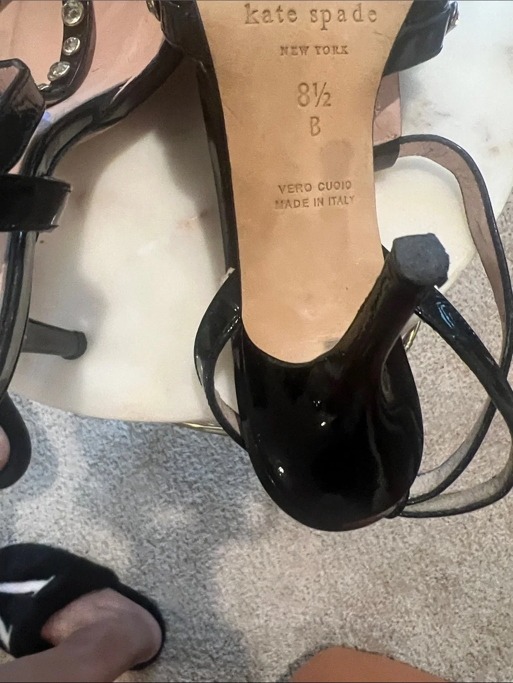 kate spade Black Patent T‑Strap Pointed-Toe Heels with Crystal Accents